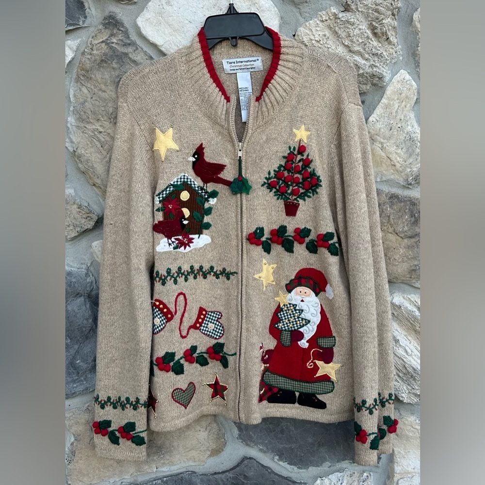 Vintage Tiara International Christmas Sweater Jacket Sz M Embroidered Full Zip